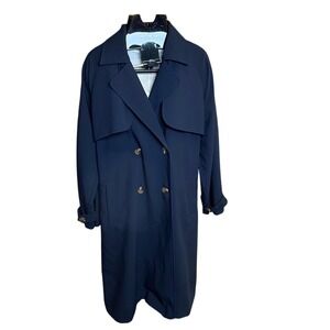 Navy Blue Double Breasted Trench Coat Women Belted Classic Style Unbranded XL